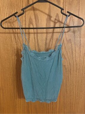 American Eagle Outfitters Teal Lace-Trim Ribbed Cami with Thin Straps